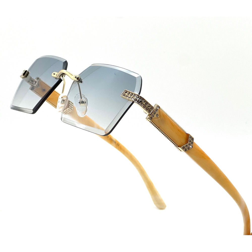 Rimless Sunglasses Octagon Lens Rhinestone Accents Wood Arms Fashion